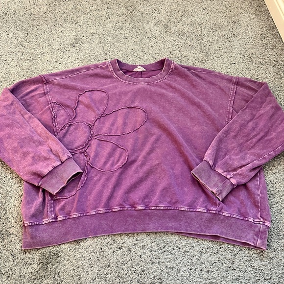 Easel Purple Crew Neck Sweater with Floral Stitching - Picture 2 of 8
